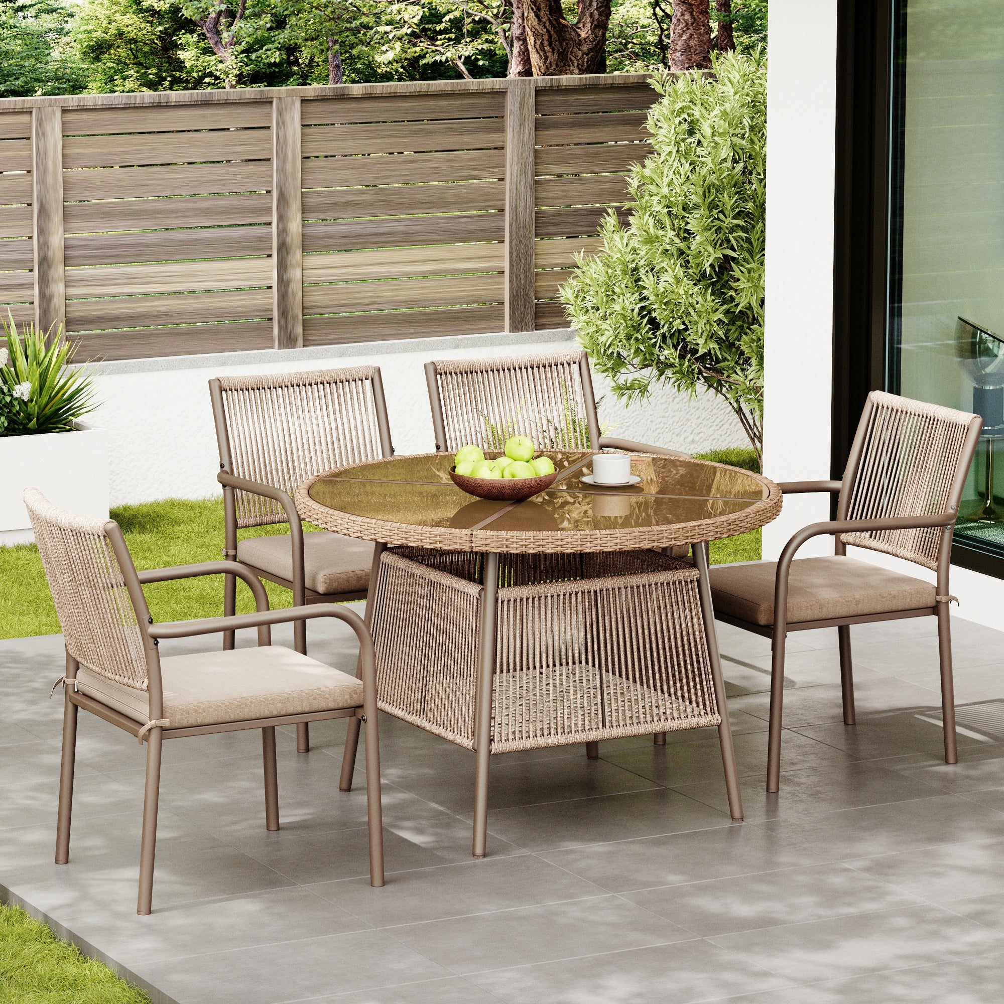 PINGGO Rattan Patio Furniture Set – Glass Table 4 Armchairs for Garden Balcony