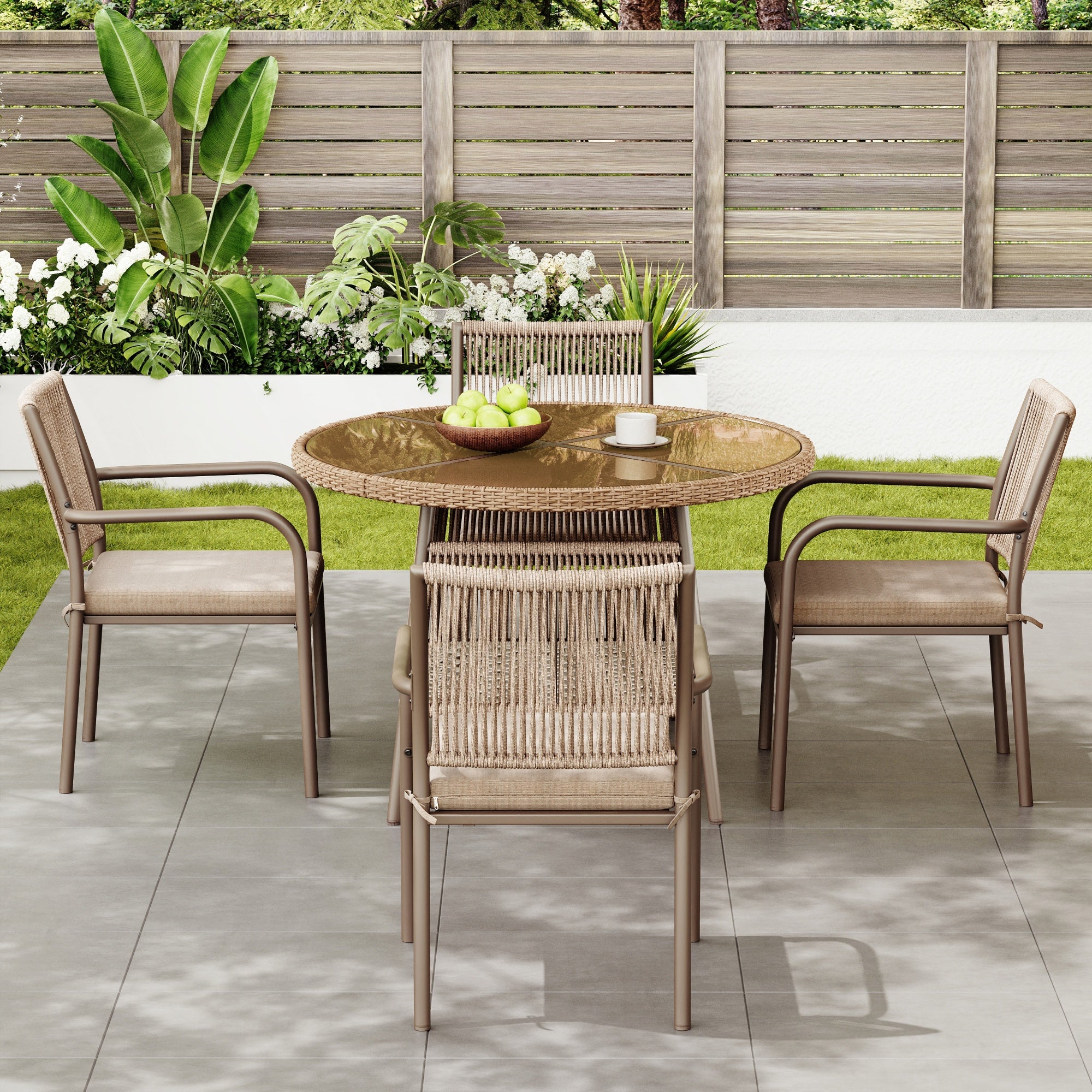PINGGO Rattan Patio Furniture Set – Glass Table 4 Armchairs for Garden Balcony