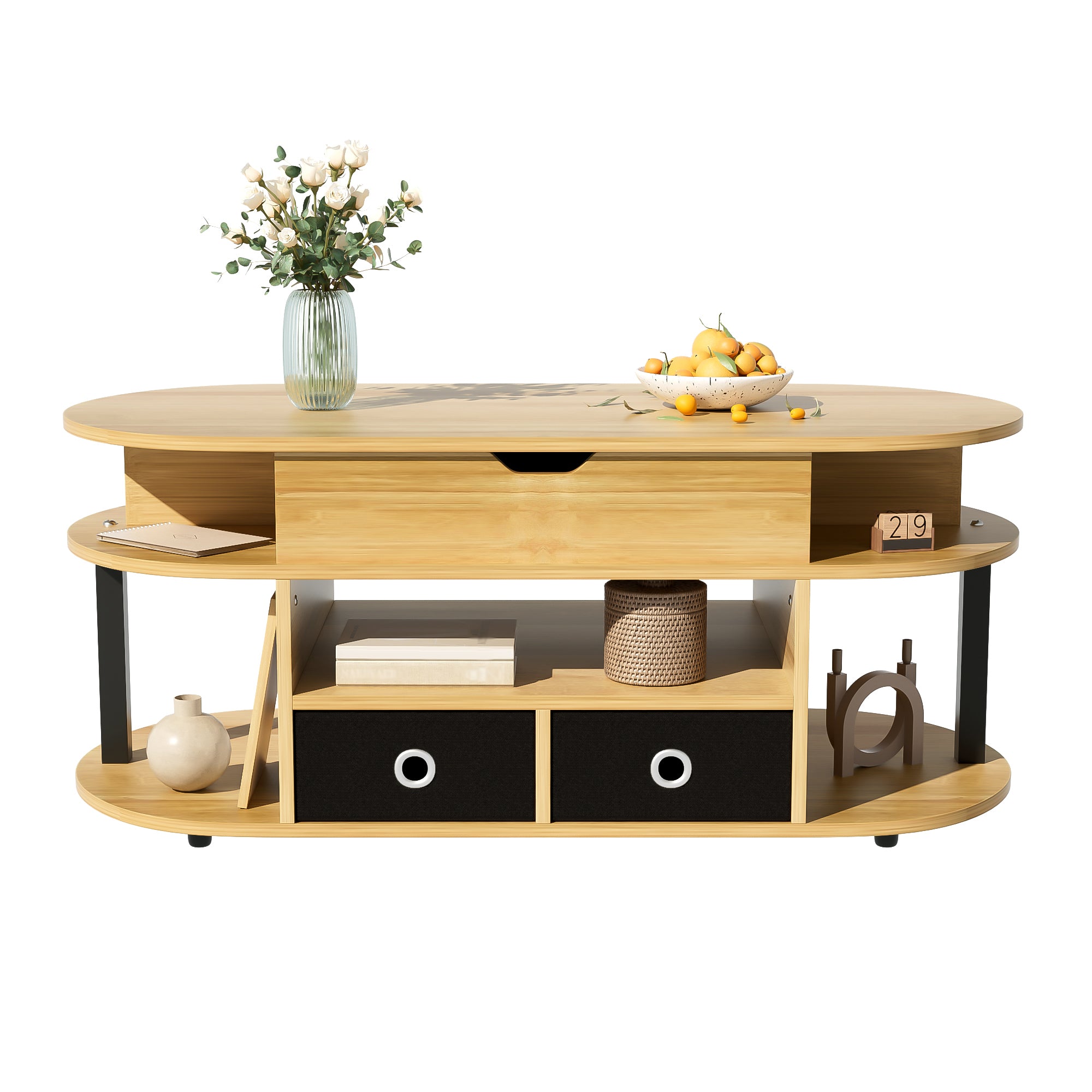 PINGGO Modern Wood Coffee Table with Lift Top & Storage Drawers for Living Room