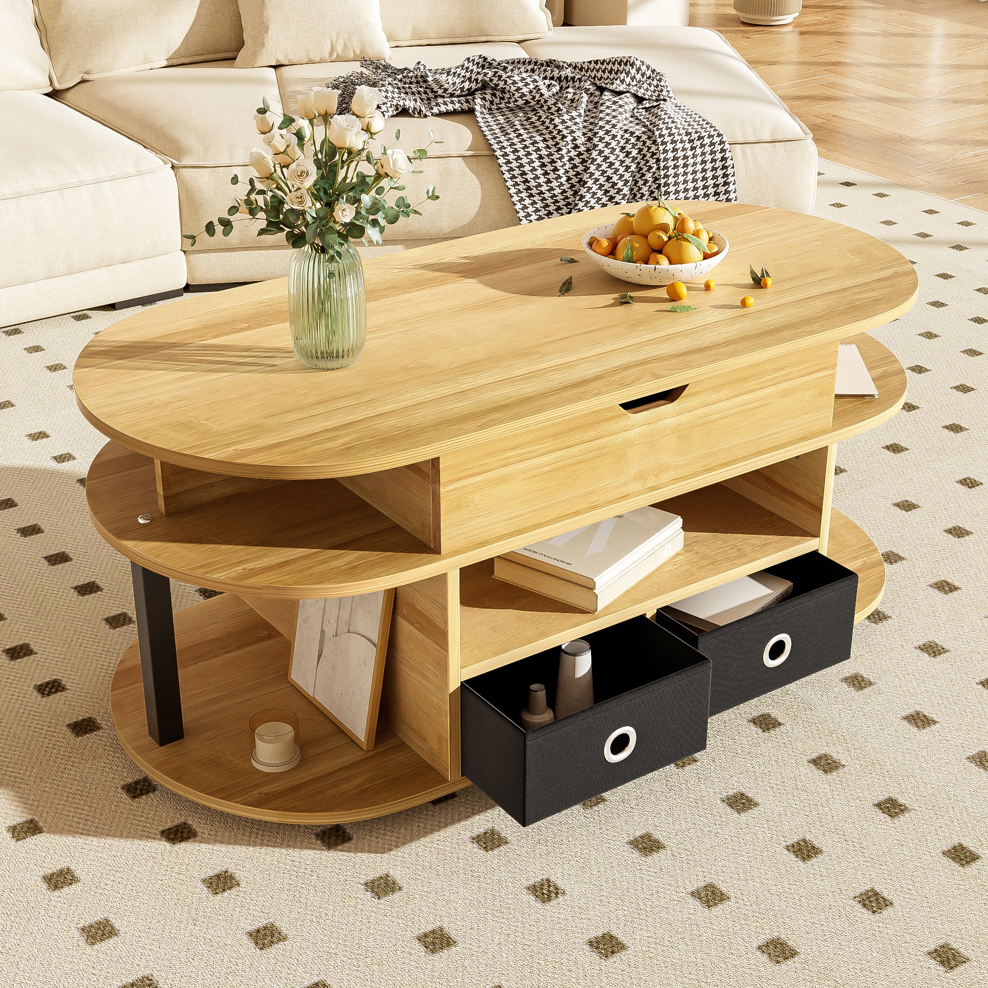 PINGGO Modern Wood Coffee Table with Lift Top & Storage Drawers for Living Room