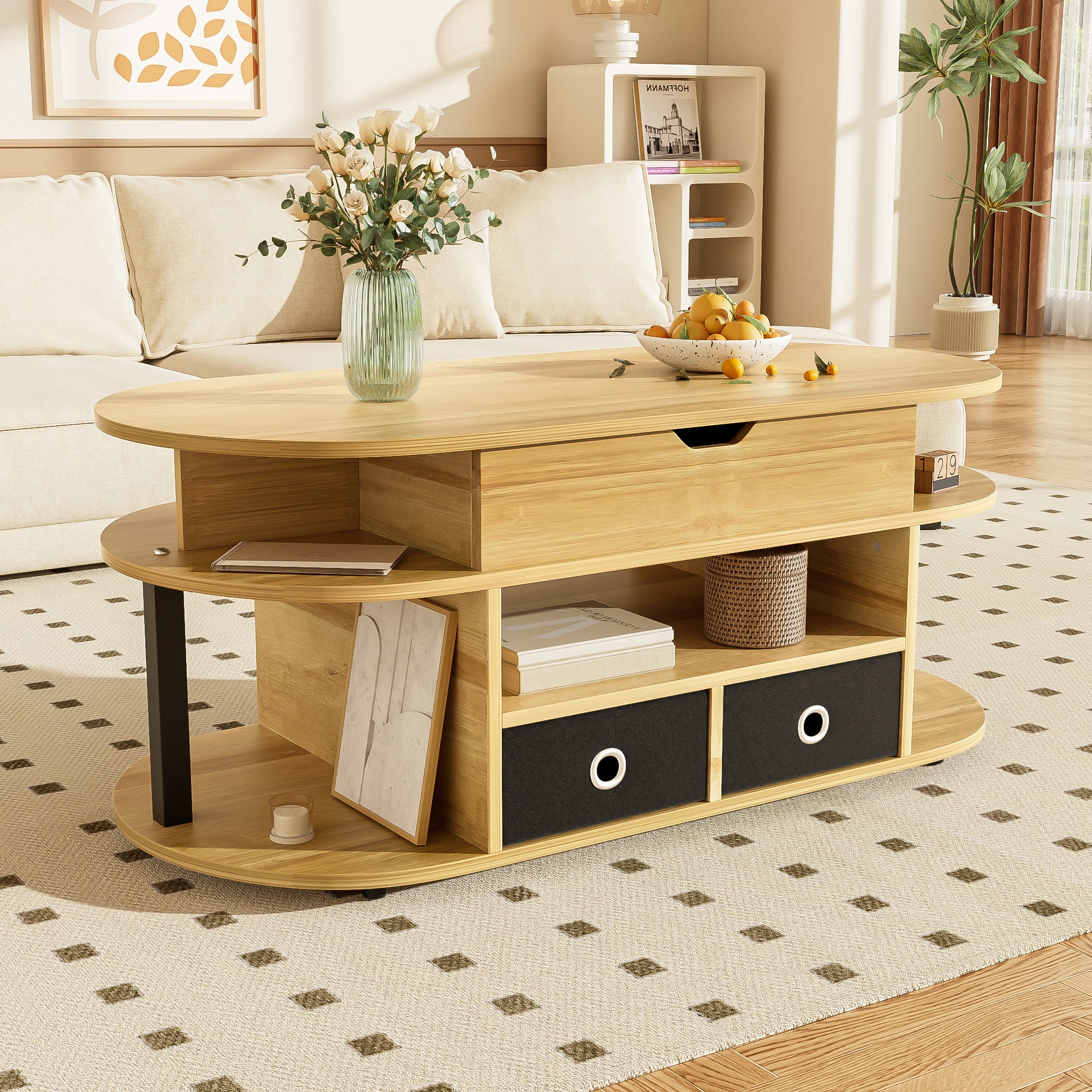PINGGO Modern Wood Coffee Table with Lift Top & Storage Drawers for Living Room