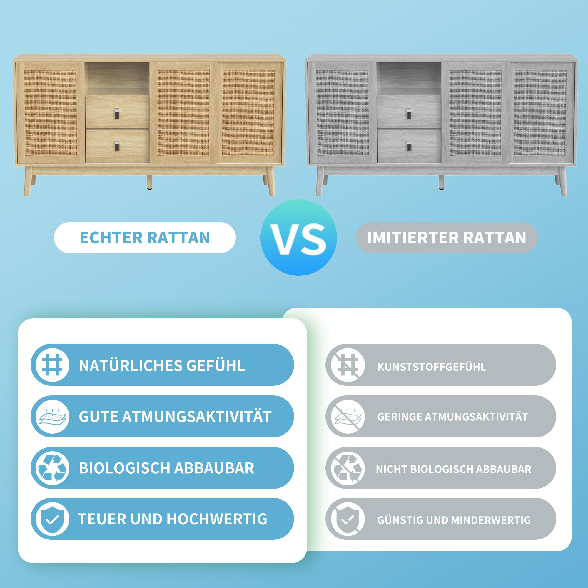 PINGGO Rattan Sideboard with 3 Sliding Doors 2 Drawers Storage Cabinet