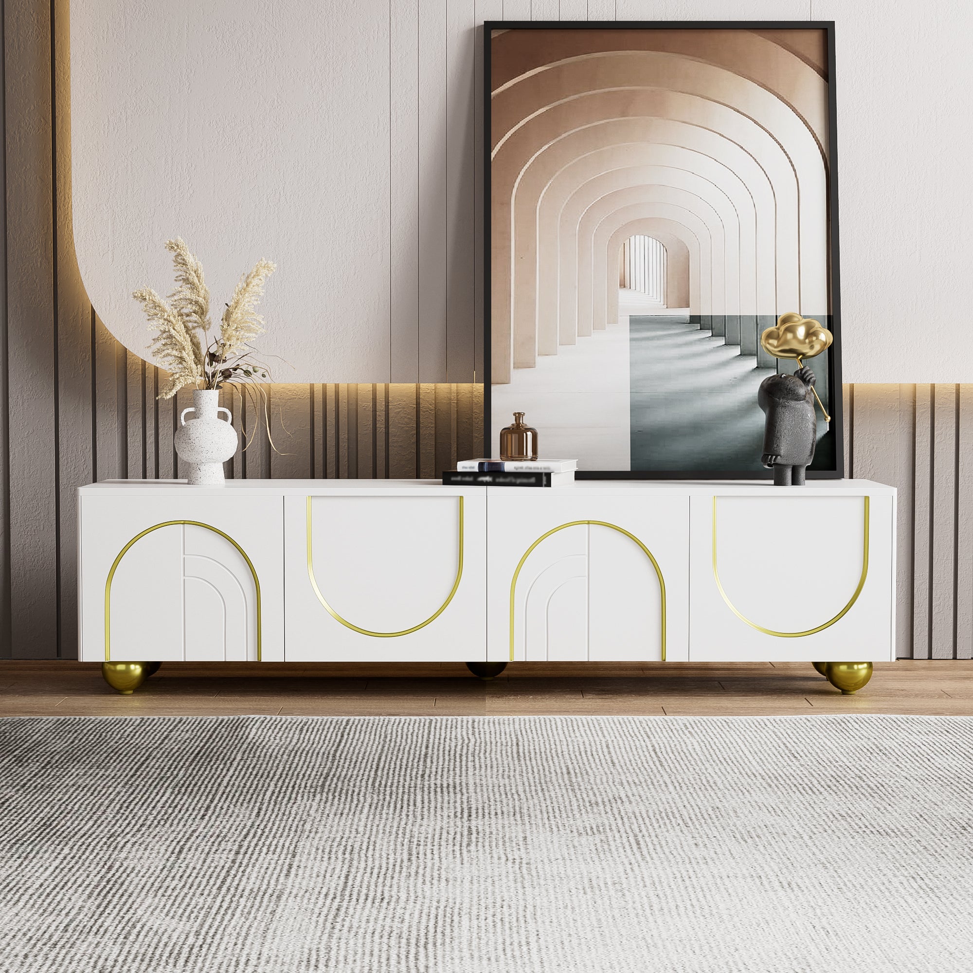 PINGGO TV Cabinet Lowboard with Structured Doors Gold Handles & Feet