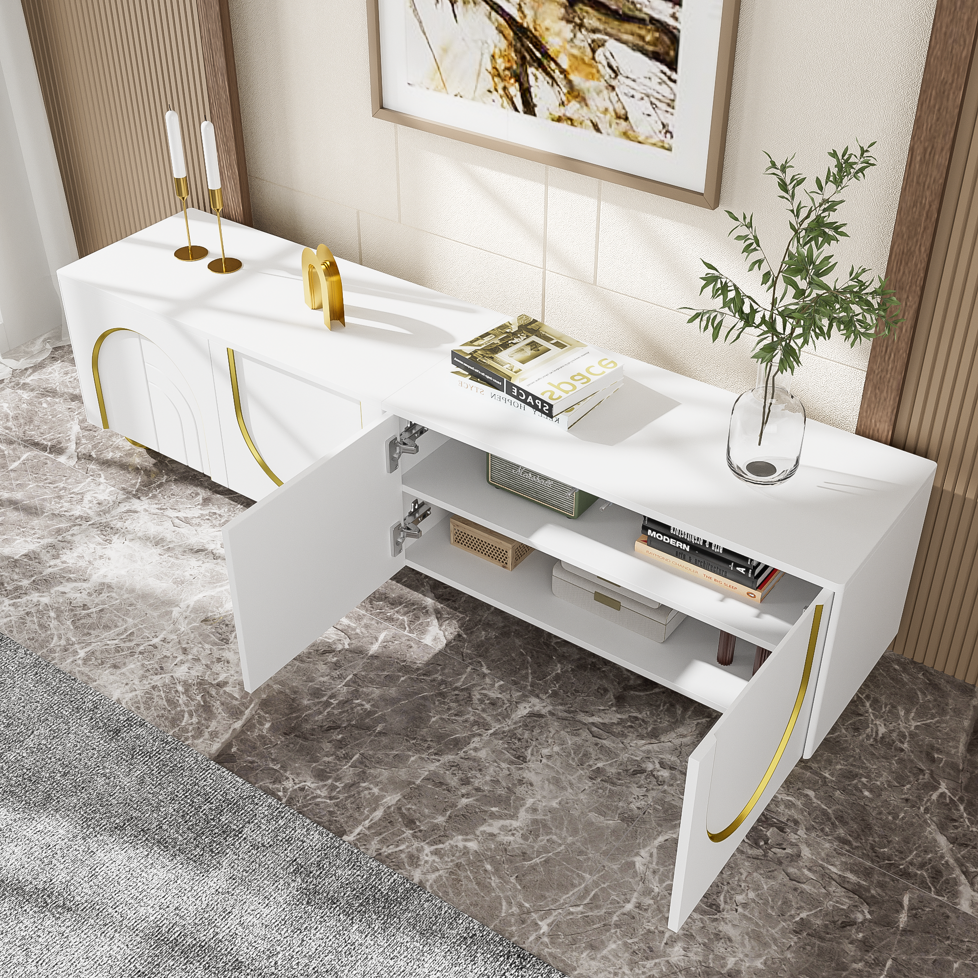PINGGO TV Cabinet Lowboard with Structured Doors Gold Handles & Feet